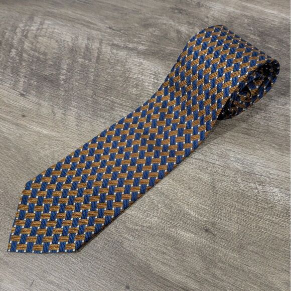 Hart Schaffner Marx‎ Necktie Blue/Bronze Basket Weave Silk Handmade In Italy VTG - Picture 1 of 5